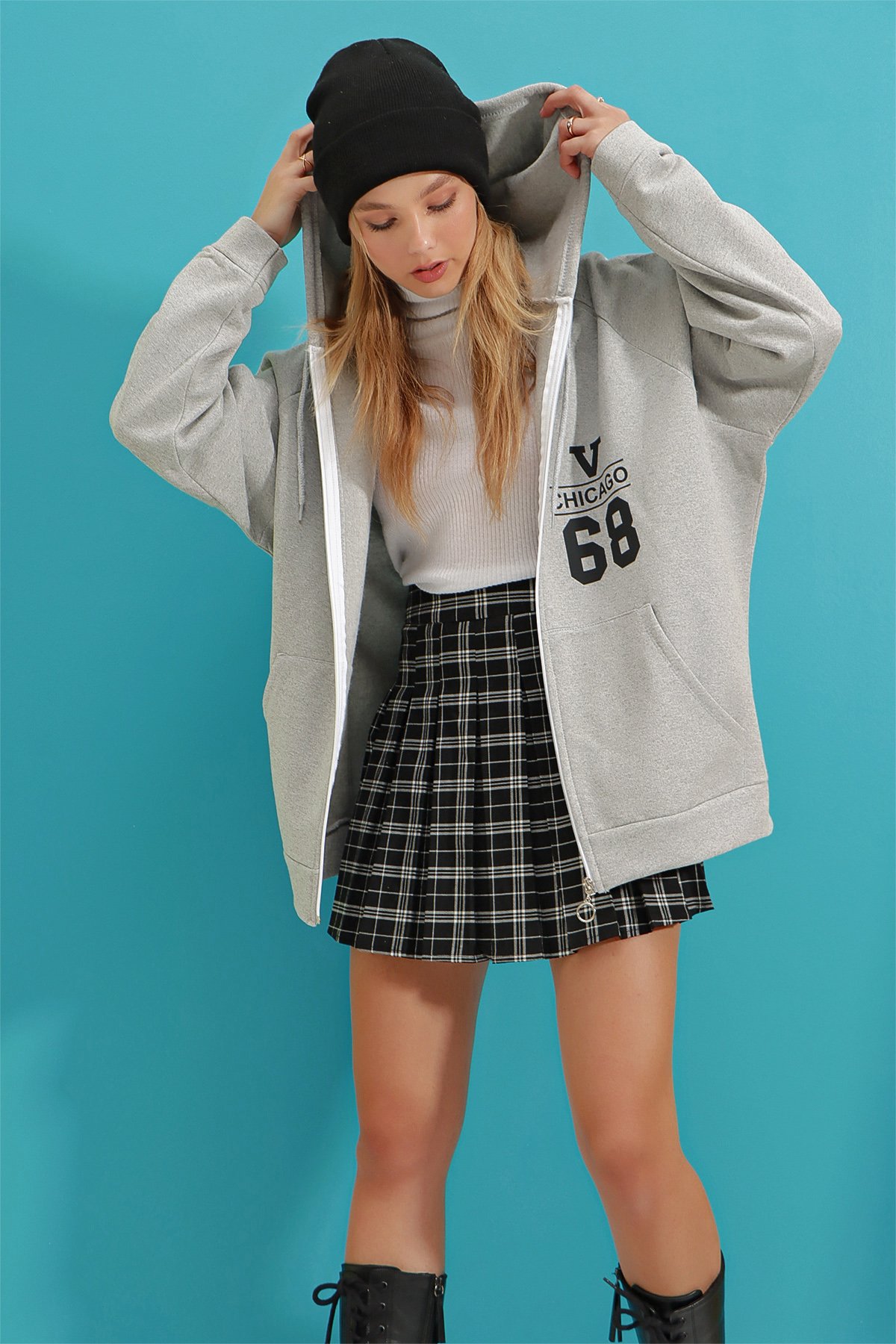 Kapüşonlu İçi Polarlı Oversize Baskılı 3 İplik Fermuarlı Sweatshirt Ceket - Grimelanj
