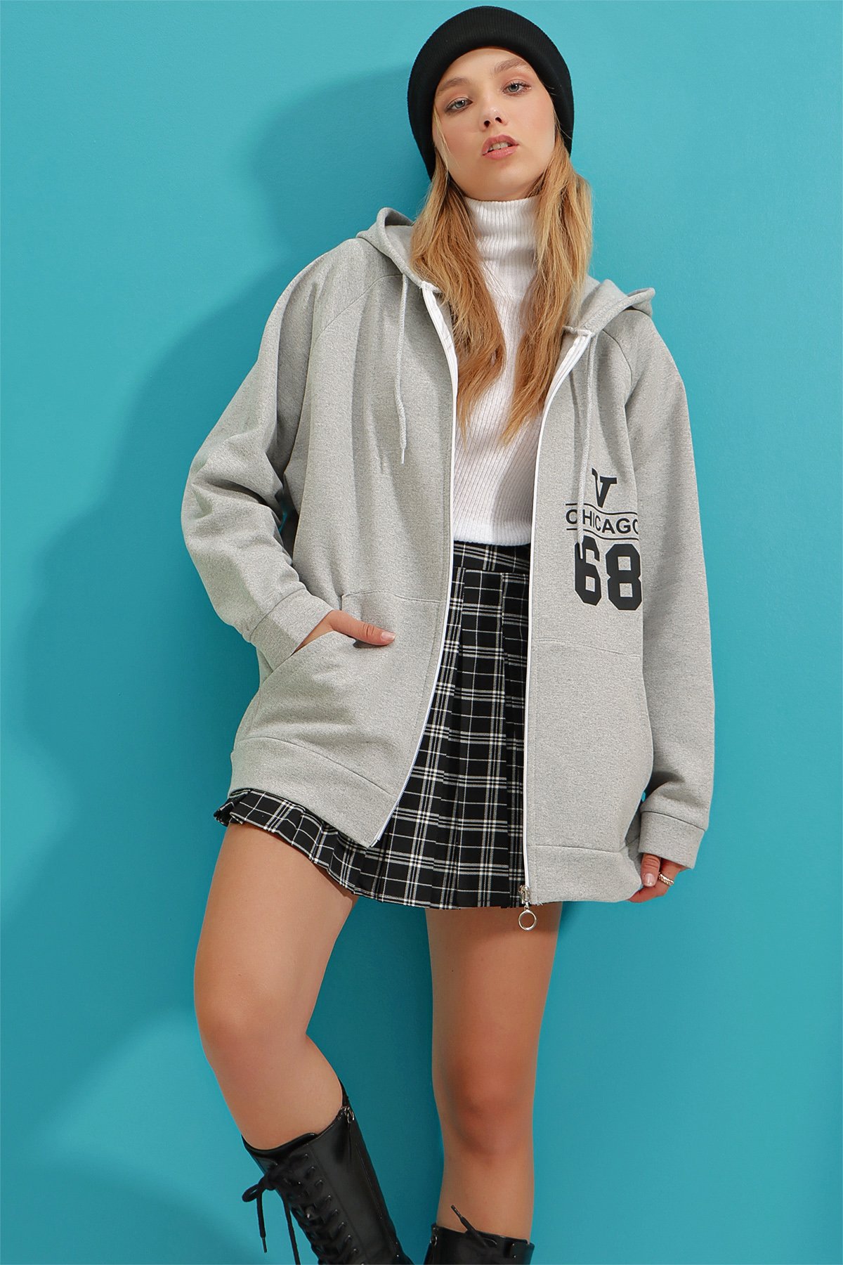 Kapüşonlu İçi Polarlı Oversize Baskılı 3 İplik Fermuarlı Sweatshirt Ceket - Grimelanj