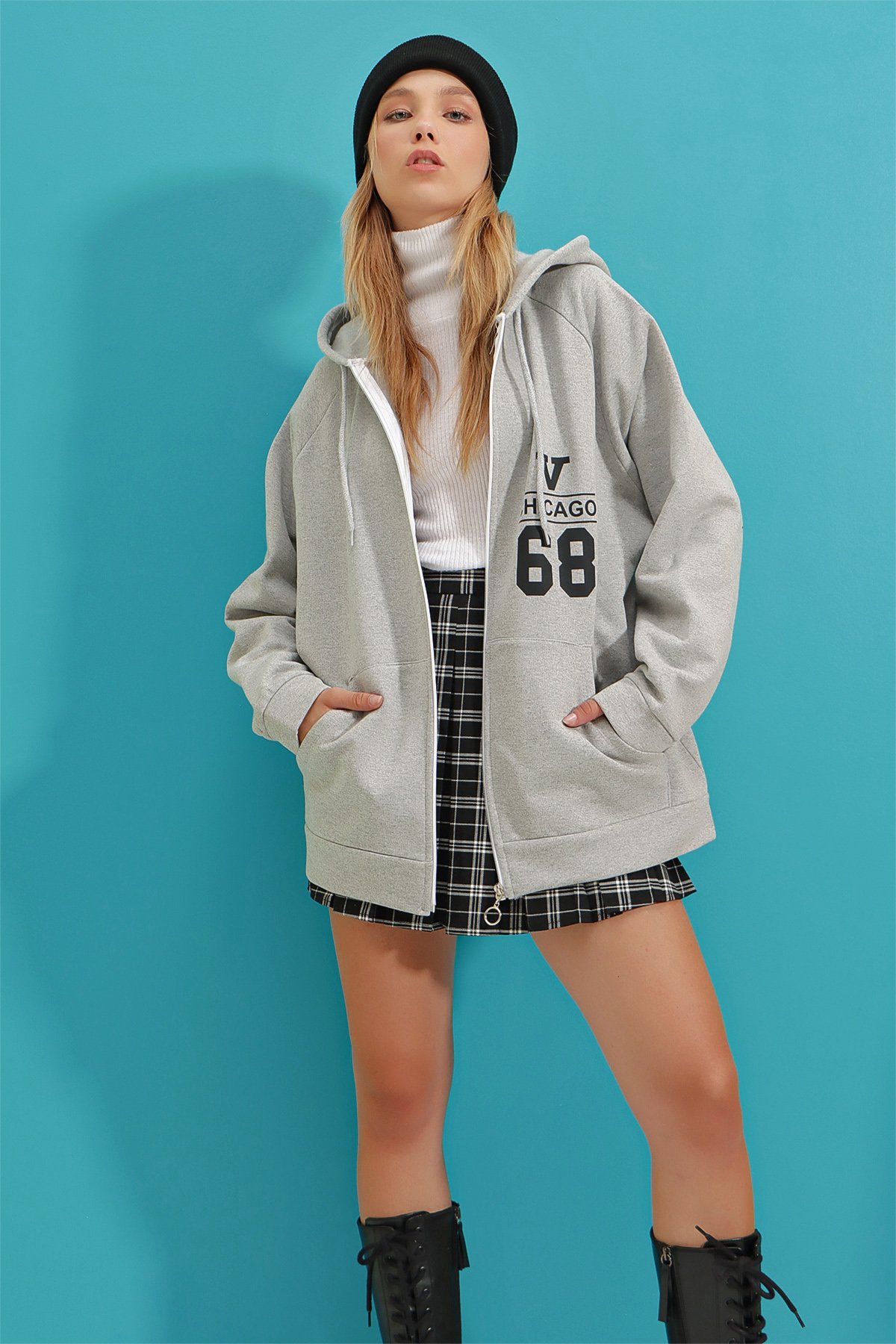 Kapüşonlu İçi Polarlı Oversize Baskılı 3 İplik Fermuarlı Sweatshirt Ceket - Grimelanj