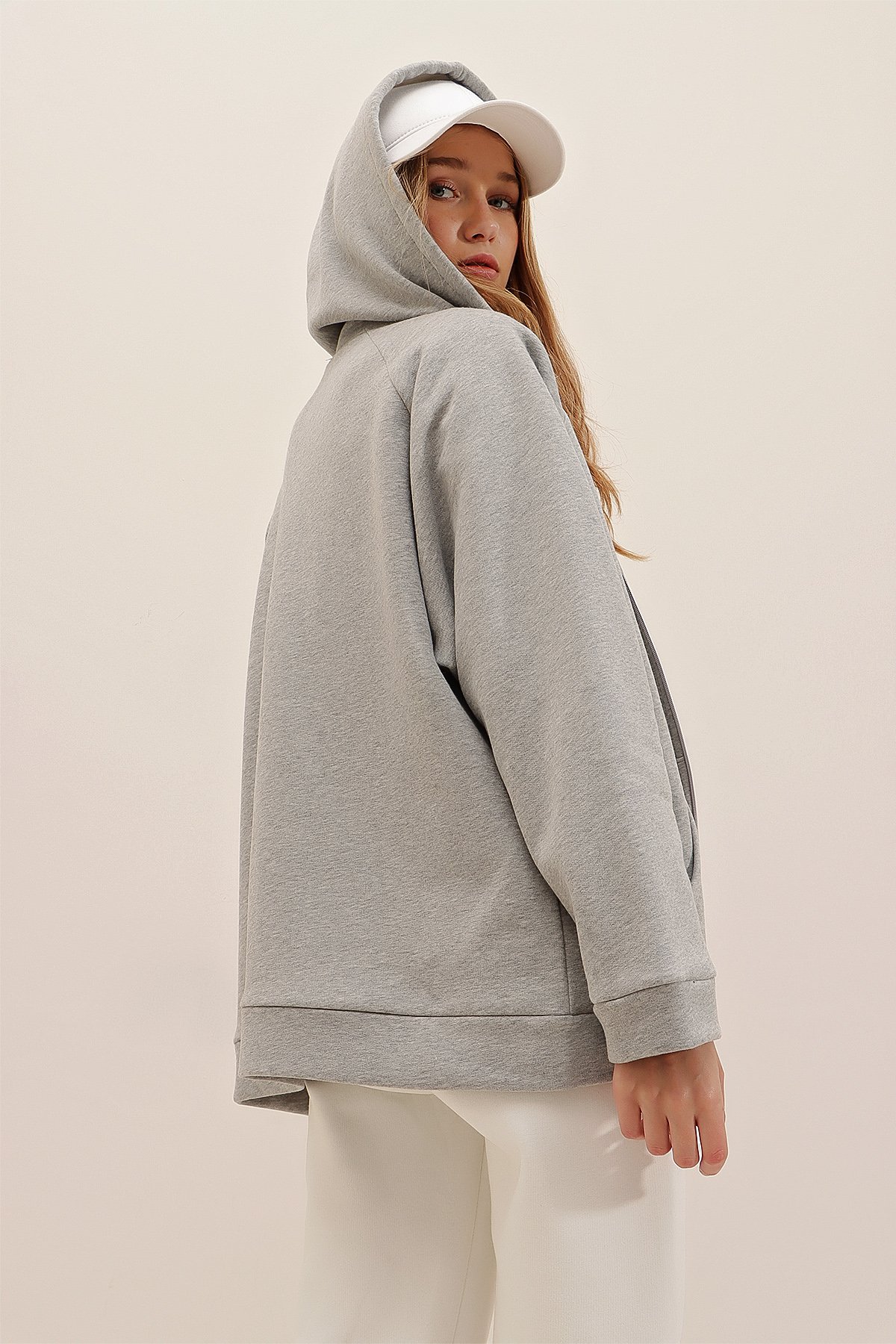 Kapüşonlu İçi Polarlı Oversize Baskılı 3 İplik Fermuarlı Sweatshirt Ceket - Grimelanj