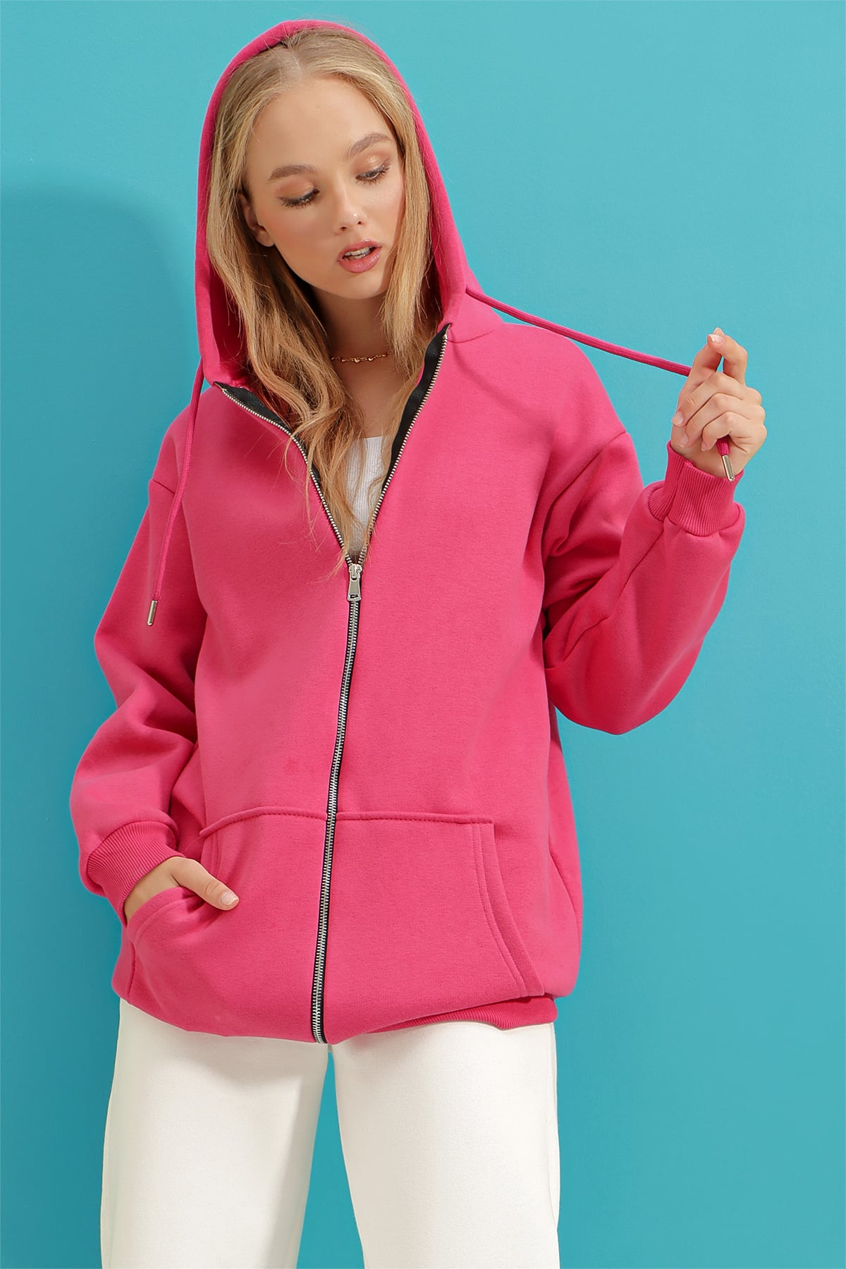 Kapüşonlu İçi Şardonlu Oversize Fermuarlı Sweatshirt - Fuşya
