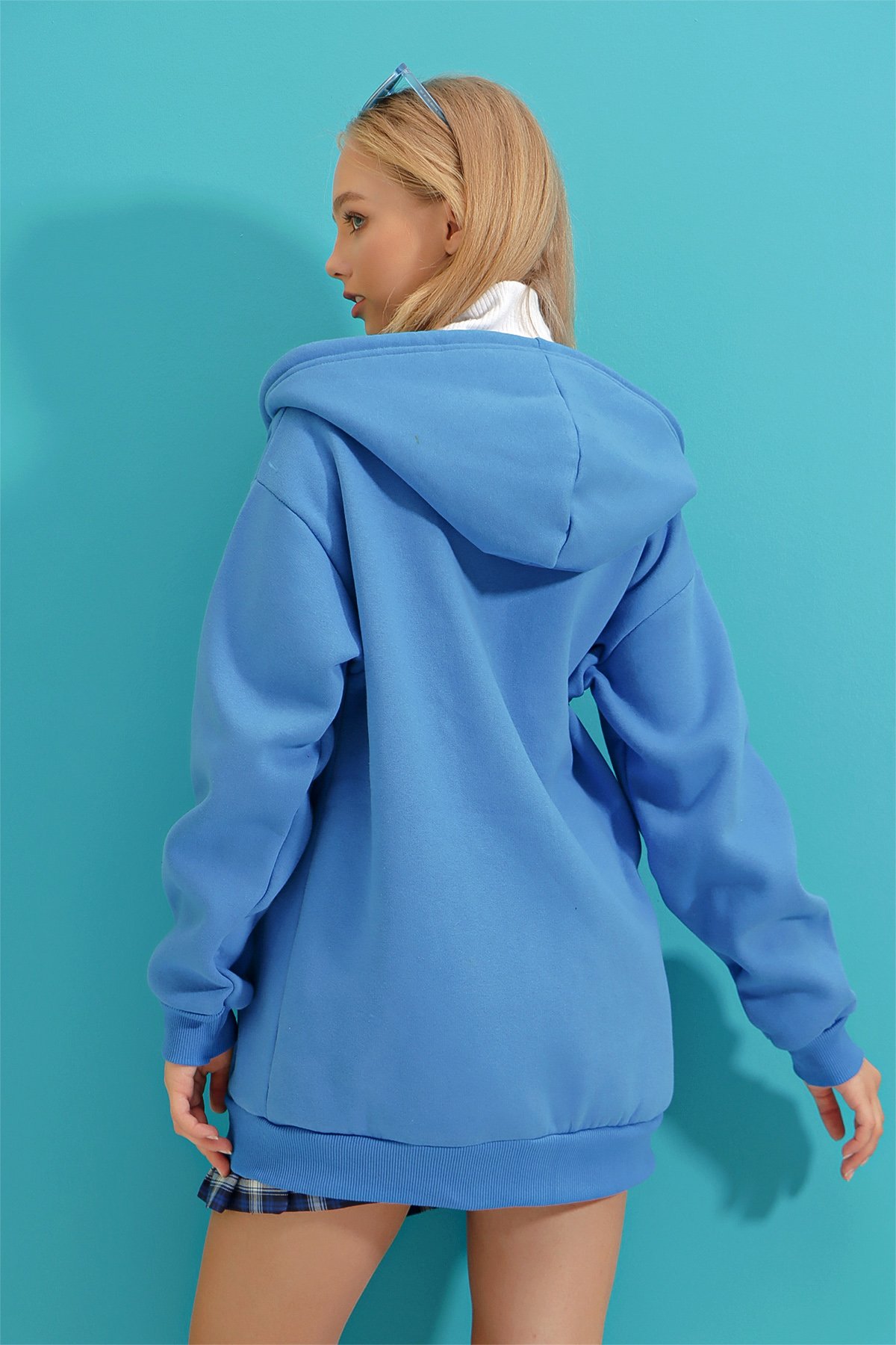 Kapüşonlu İçi Şardonlu Oversize Fermuarlı Sweatshirt - Turkuaz