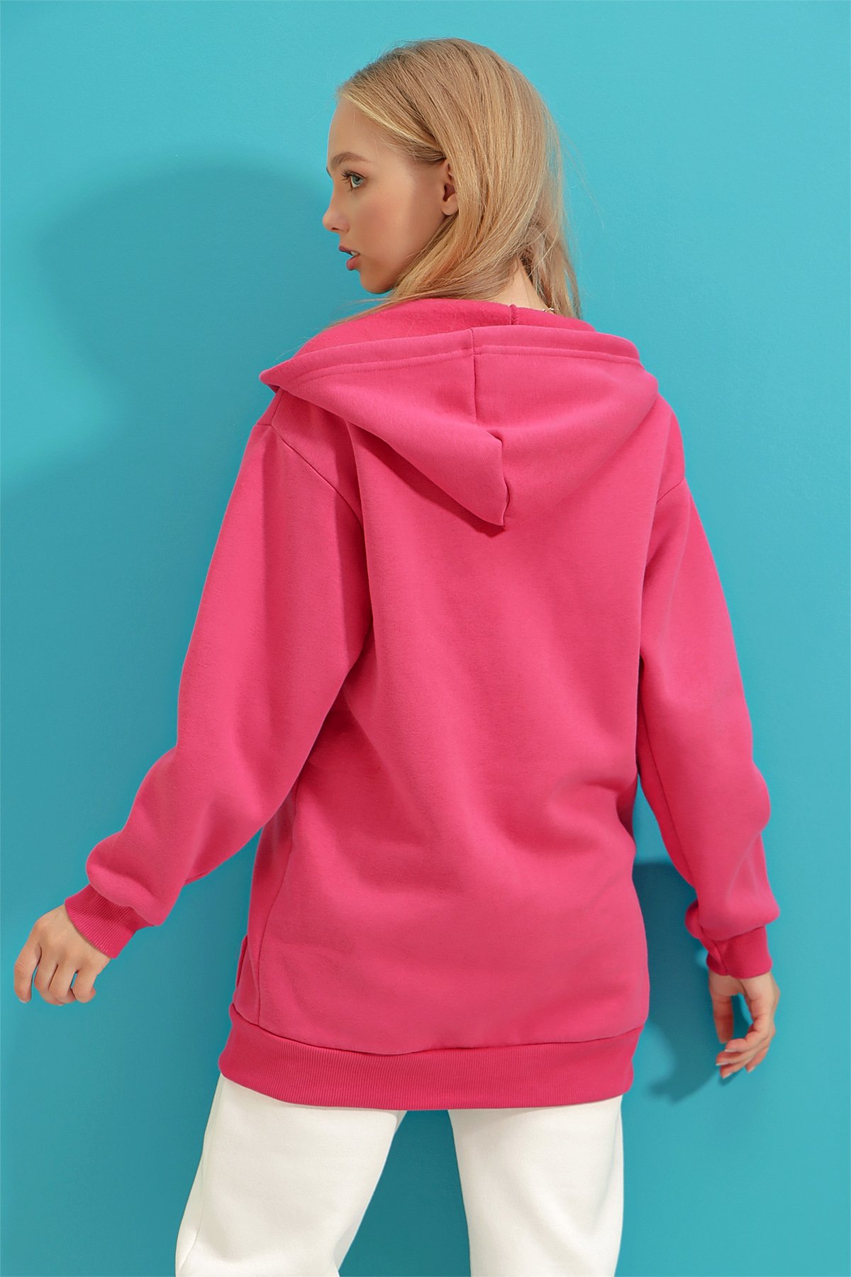 Kapüşonlu İçi Şardonlu Oversize Fermuarlı Sweatshirt - Fuşya