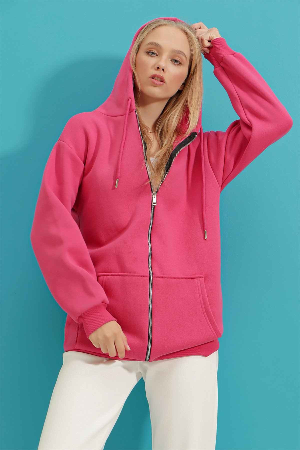 Kapüşonlu İçi Şardonlu Oversize Fermuarlı Sweatshirt - Fuşya