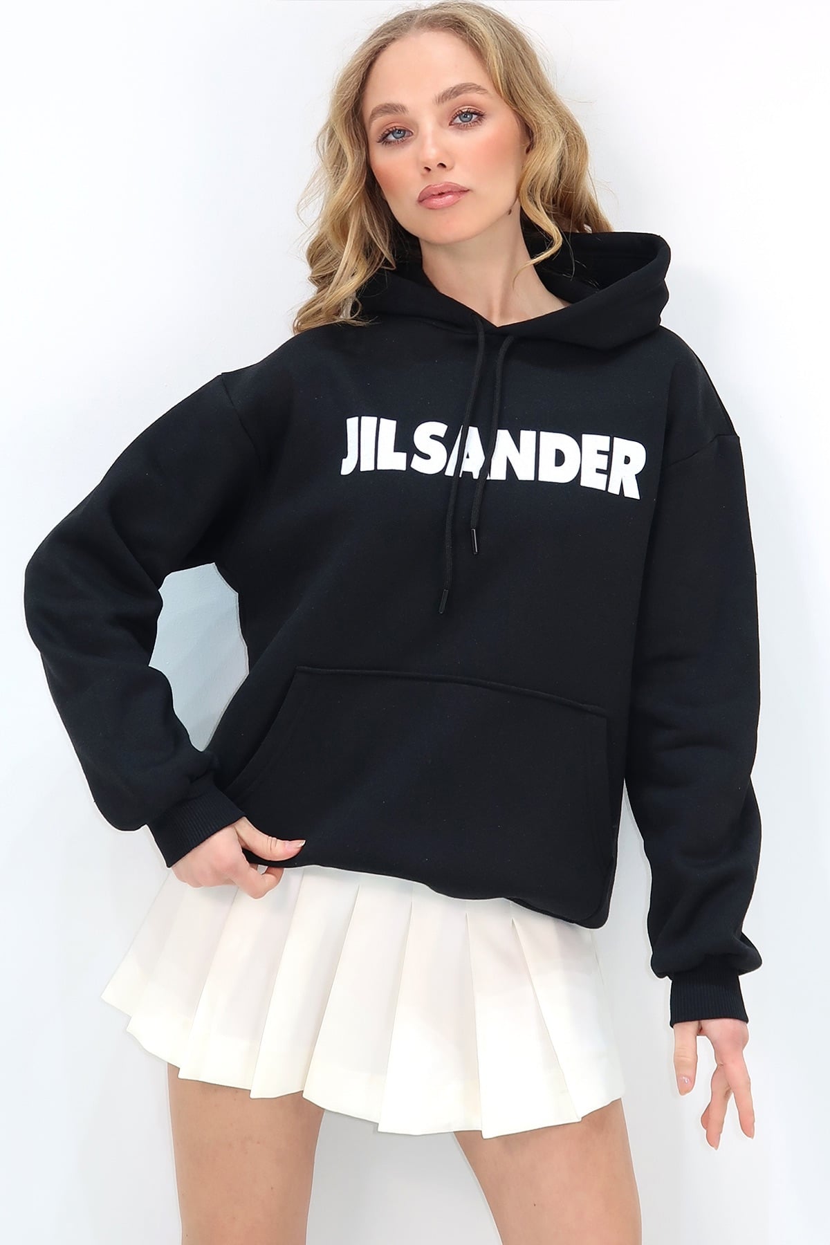 Kapüşonlu Kanguru Cepli 3 İplik İçi Şardonlu Önü Baskılı Oversize Sweatshirt - Siyah
