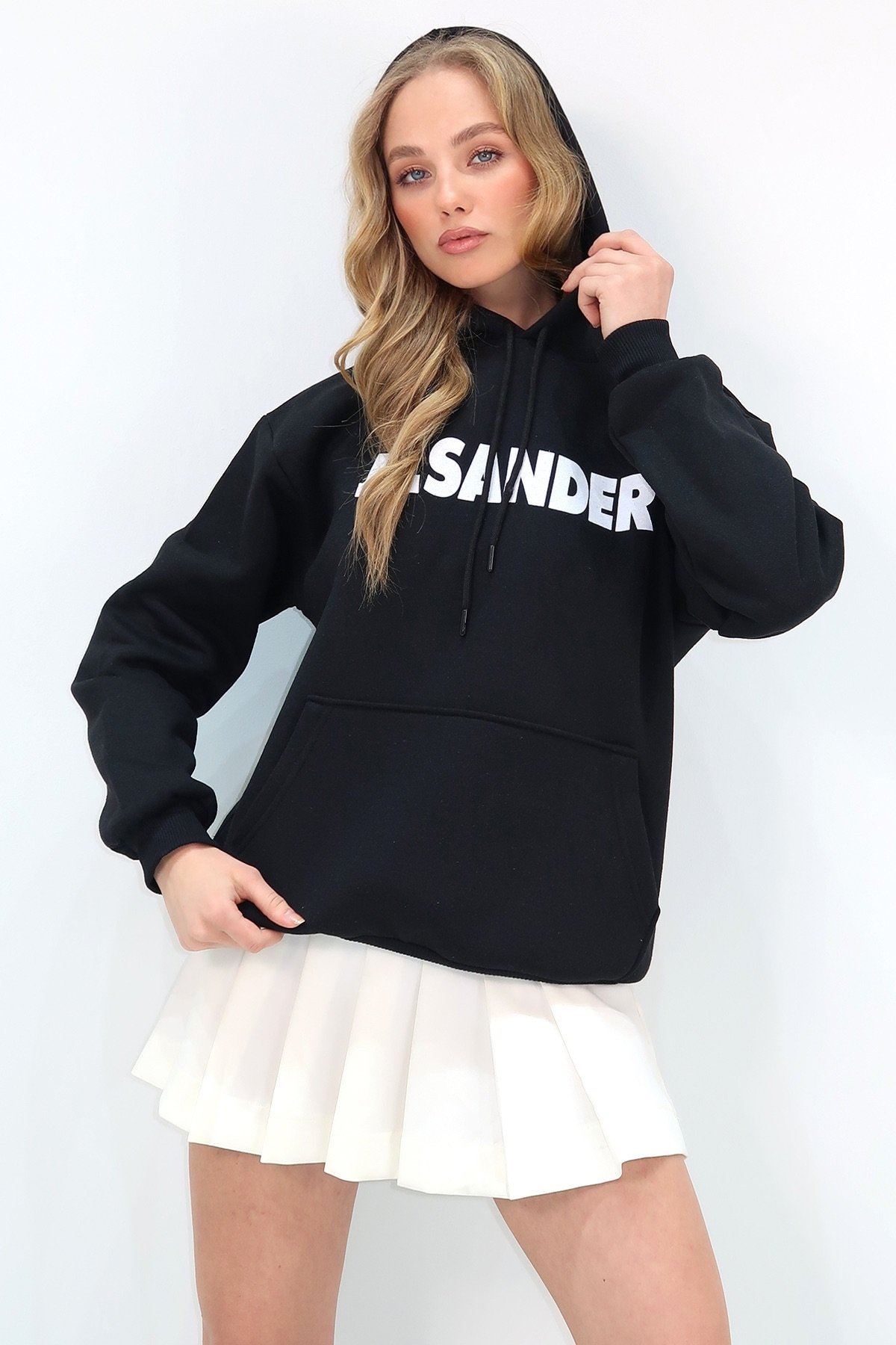 Kapüşonlu Kanguru Cepli 3 İplik İçi Şardonlu Önü Baskılı Oversize Sweatshirt - Siyah