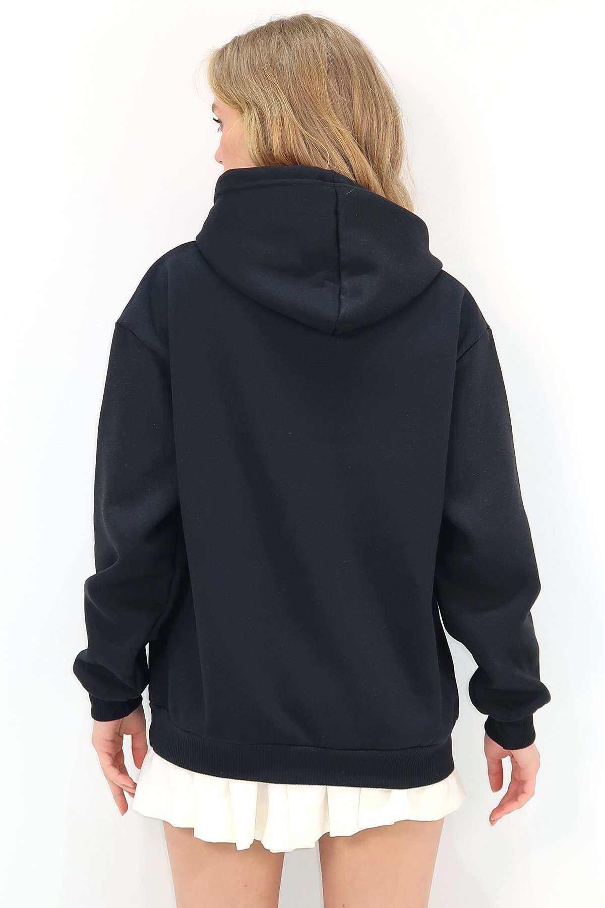 Kapüşonlu Kanguru Cepli 3 İplik İçi Şardonlu Önü Baskılı Oversize Sweatshirt - Siyah