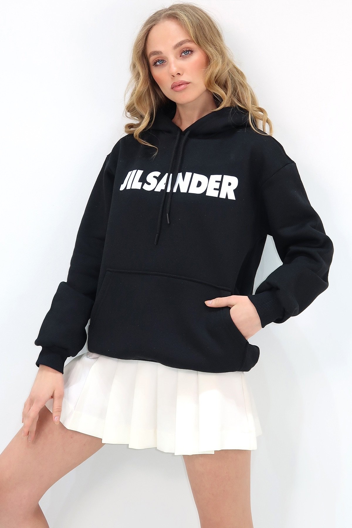 Kapüşonlu Kanguru Cepli 3 İplik İçi Şardonlu Önü Baskılı Oversize Sweatshirt - Siyah