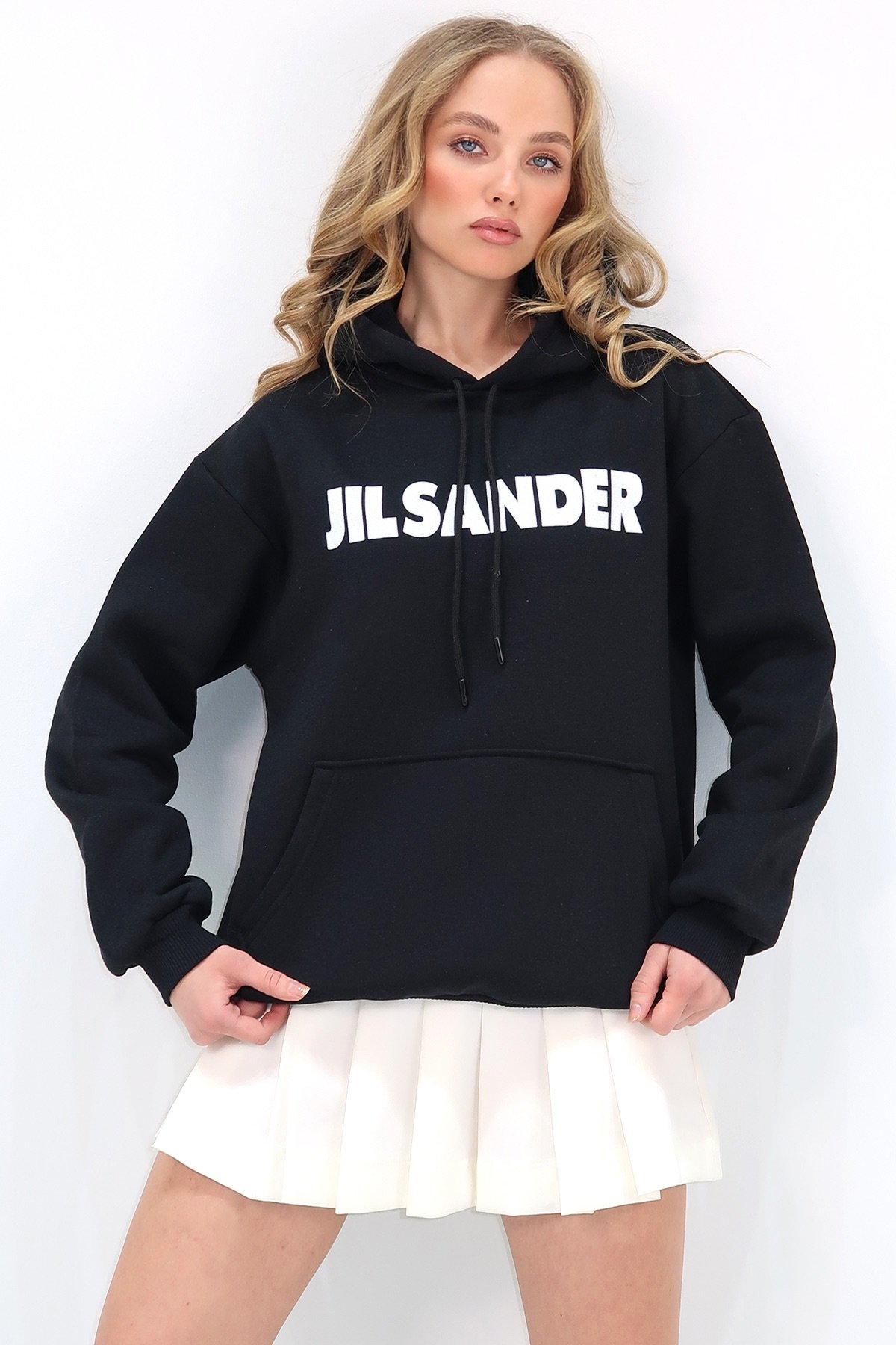 Kapüşonlu Kanguru Cepli 3 İplik İçi Şardonlu Önü Baskılı Oversize Sweatshirt - Siyah