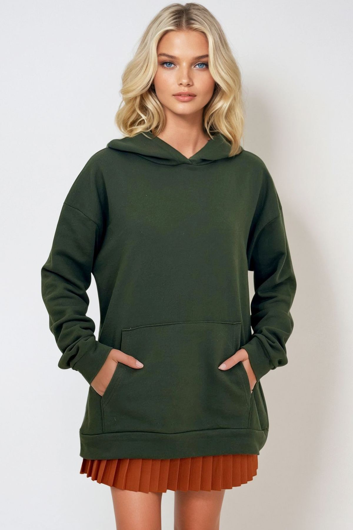Kapüşonlu Kanguru Cepli 3 İplik Kalın Sweatshirt - Haki