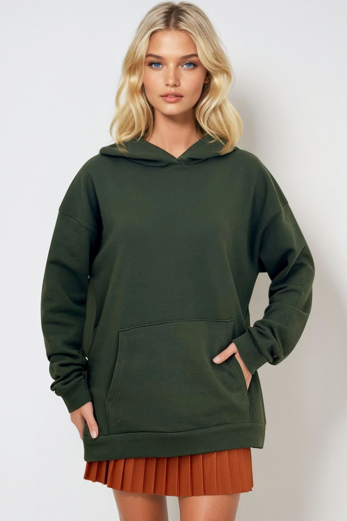 Kapüşonlu Kanguru Cepli 3 İplik Kalın Sweatshirt - Haki