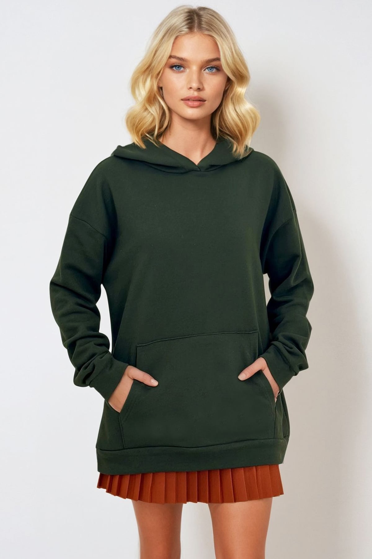 Kapüşonlu Kanguru Cepli 3 İplik Kalın Sweatshirt - Haki