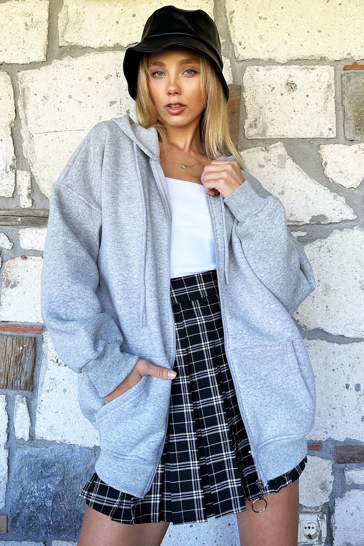 Kapüşonlu Kanguru Cepli Fermuarlı Şardonlu Sweatshirt - Grimelanj