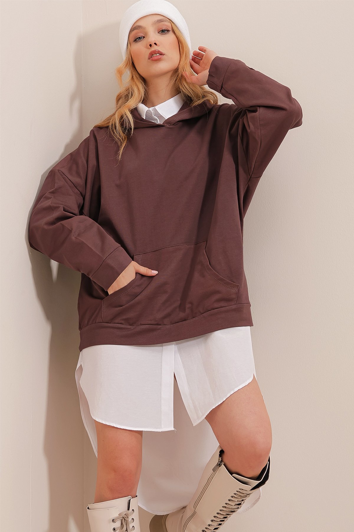 Kapüşonlu Kanguru Cepli Kalın Sweatshirt - Kahverengi