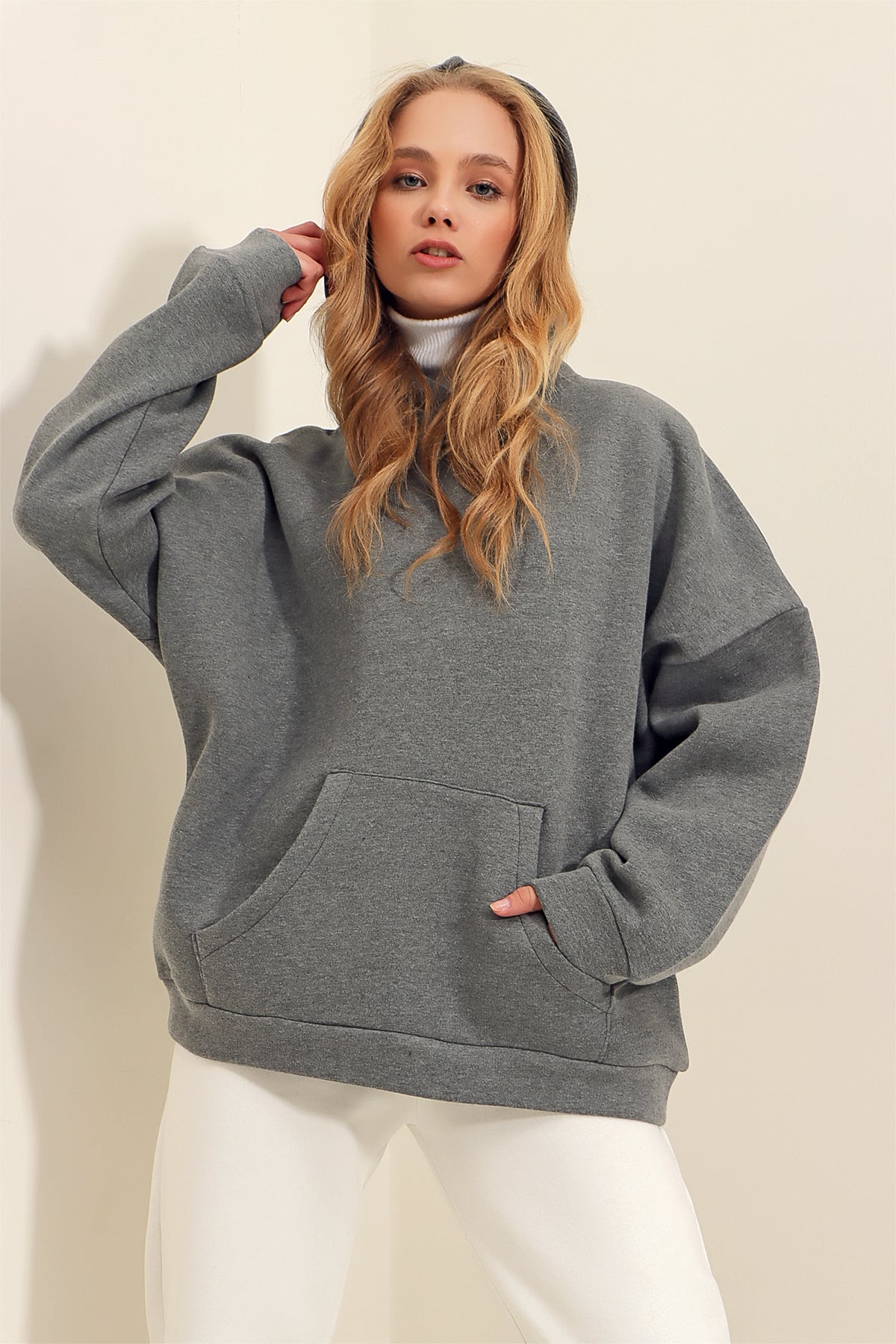 Kapüşonlu Kanguru Cepli Kalın Sweatshirt - Antrasit
