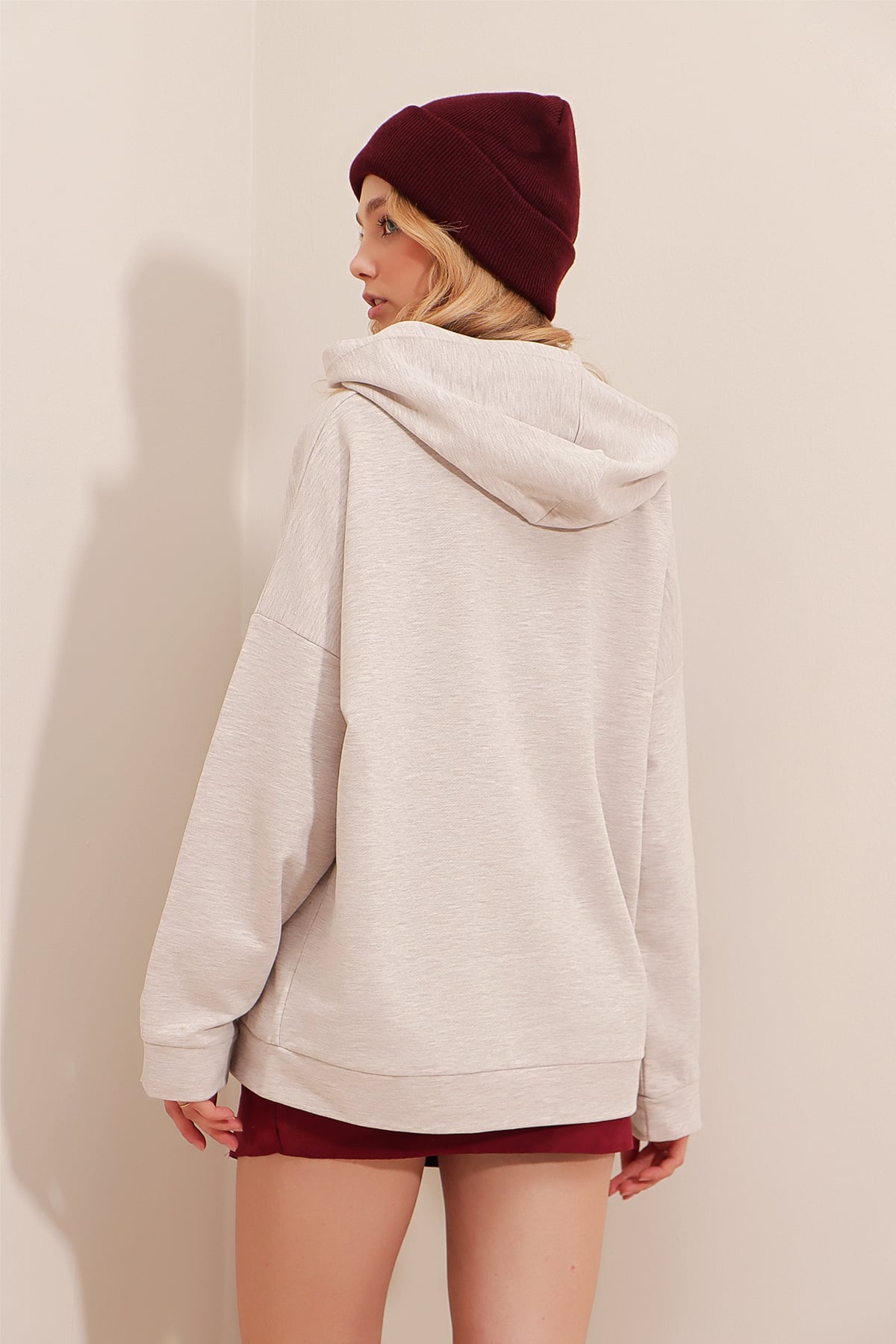 Kapüşonlu Kanguru Cepli Kalın Sweatshirt - Bej