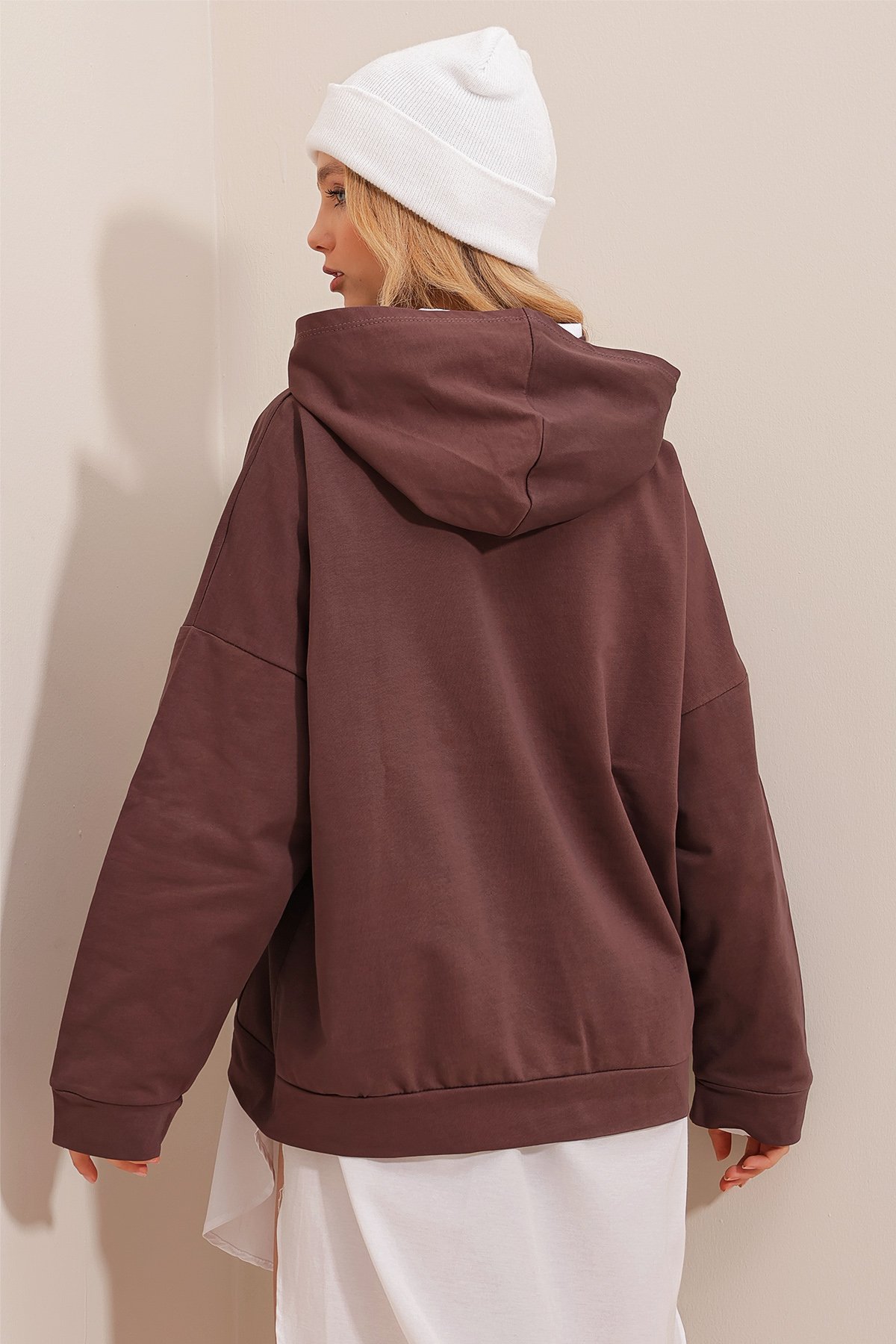 Kapüşonlu Kanguru Cepli Kalın Sweatshirt - Kahverengi