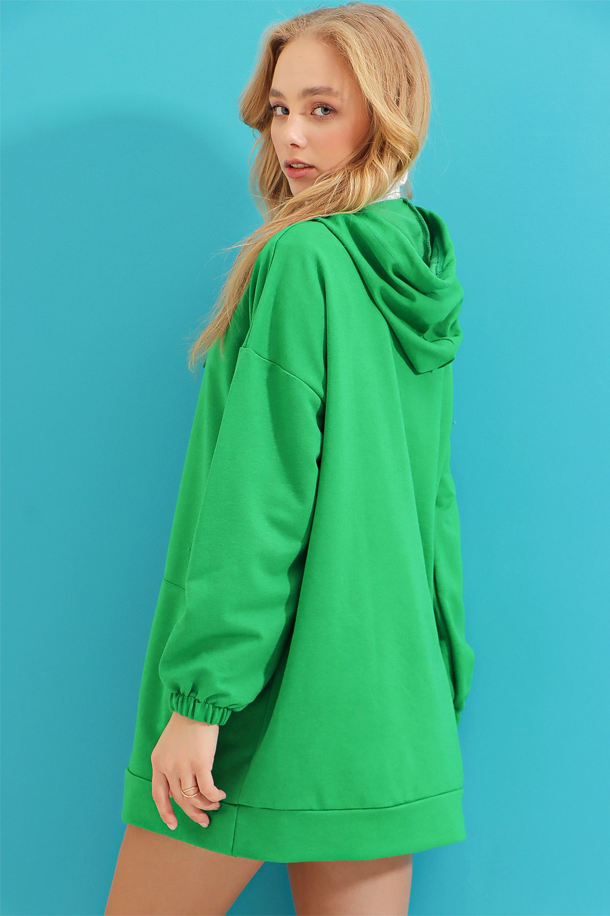 Kapüşonlu Kanguru Cepli Oversize  Sweatshirt - Yeşil