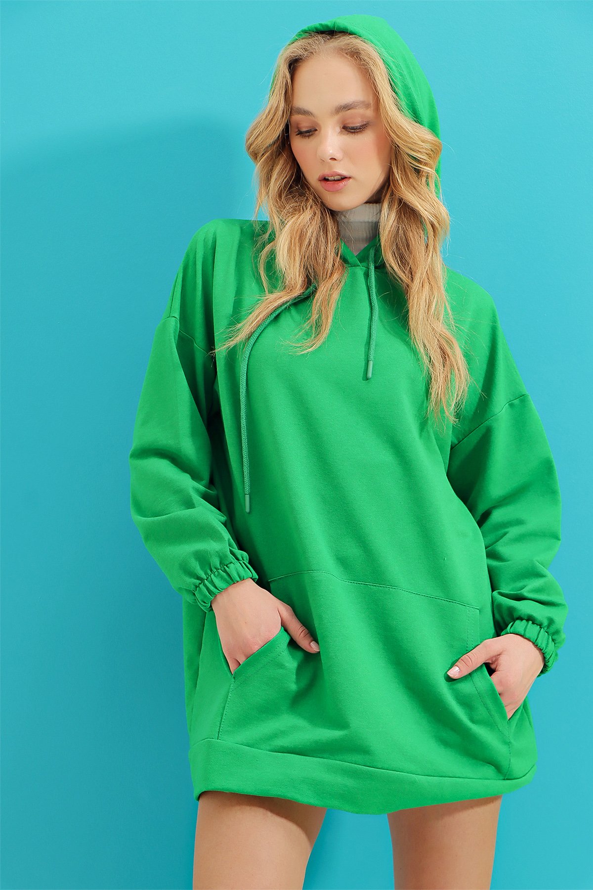 Kapüşonlu Kanguru Cepli Oversize  Sweatshirt - Yeşil