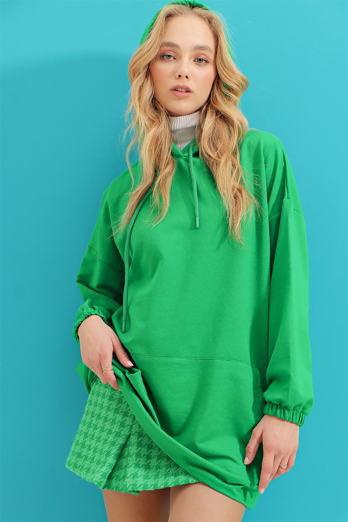 Kapüşonlu Kanguru Cepli Oversize  Sweatshirt - Yeşil