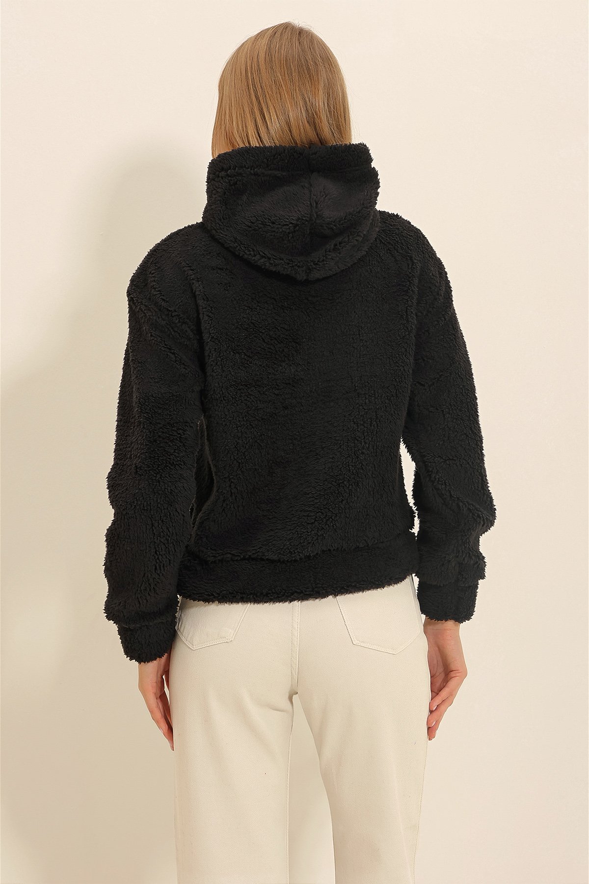 Kapüşonlu Kanguru Cepli Peluş Sweatshirt - Siyah
