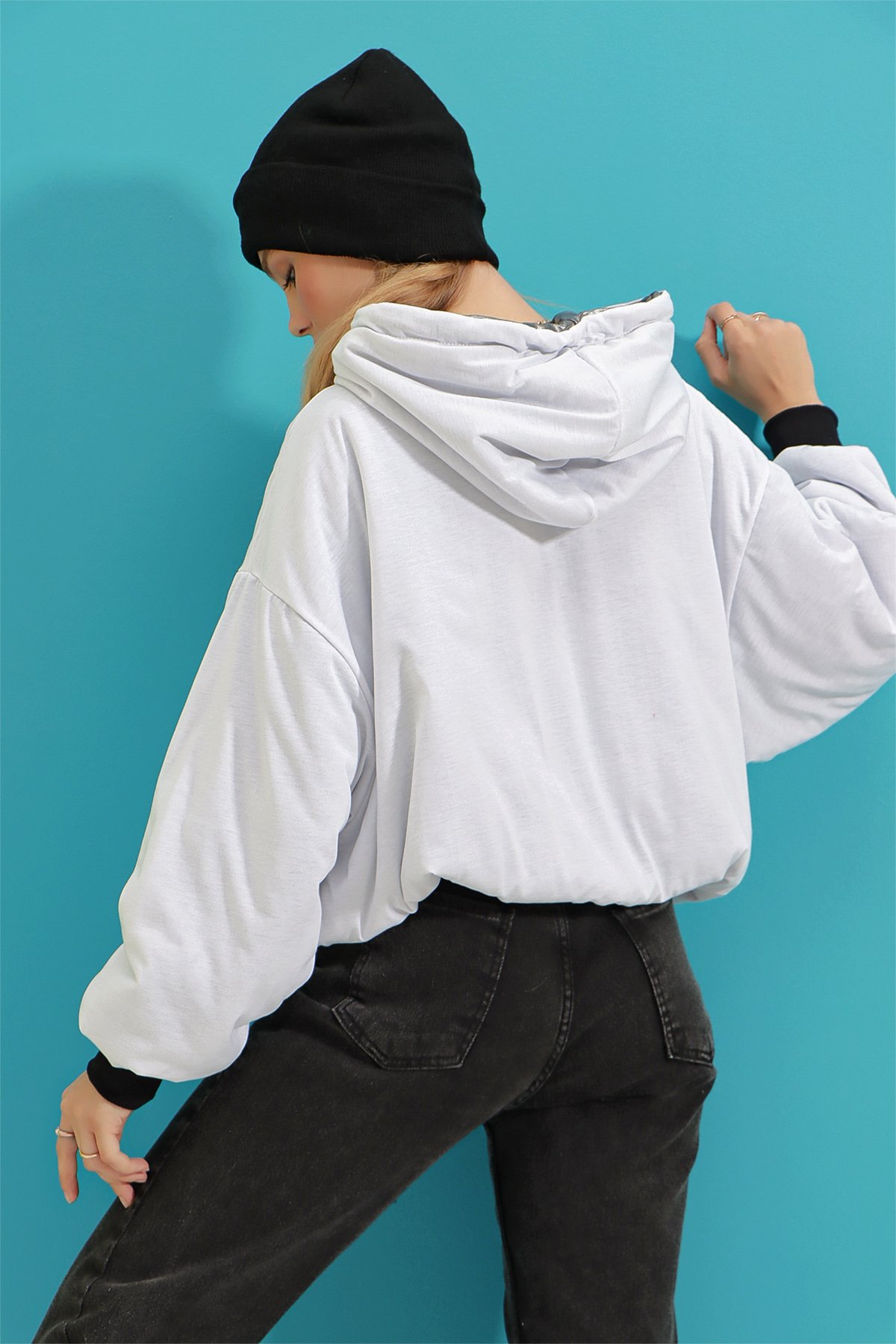 Kapüşonlu Metalik İplikli Çift Taraflı Baskılı Oversize Kışlık Sweatshirt - Gri