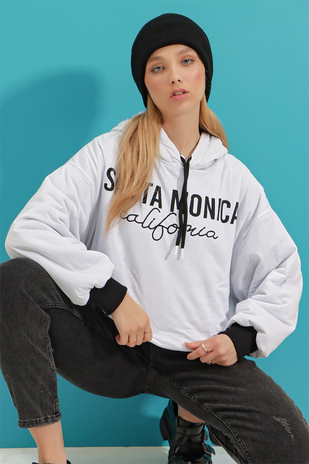 Kapüşonlu Metalik İplikli Çift Taraflı Baskılı Oversize Kışlık Sweatshirt - Gri