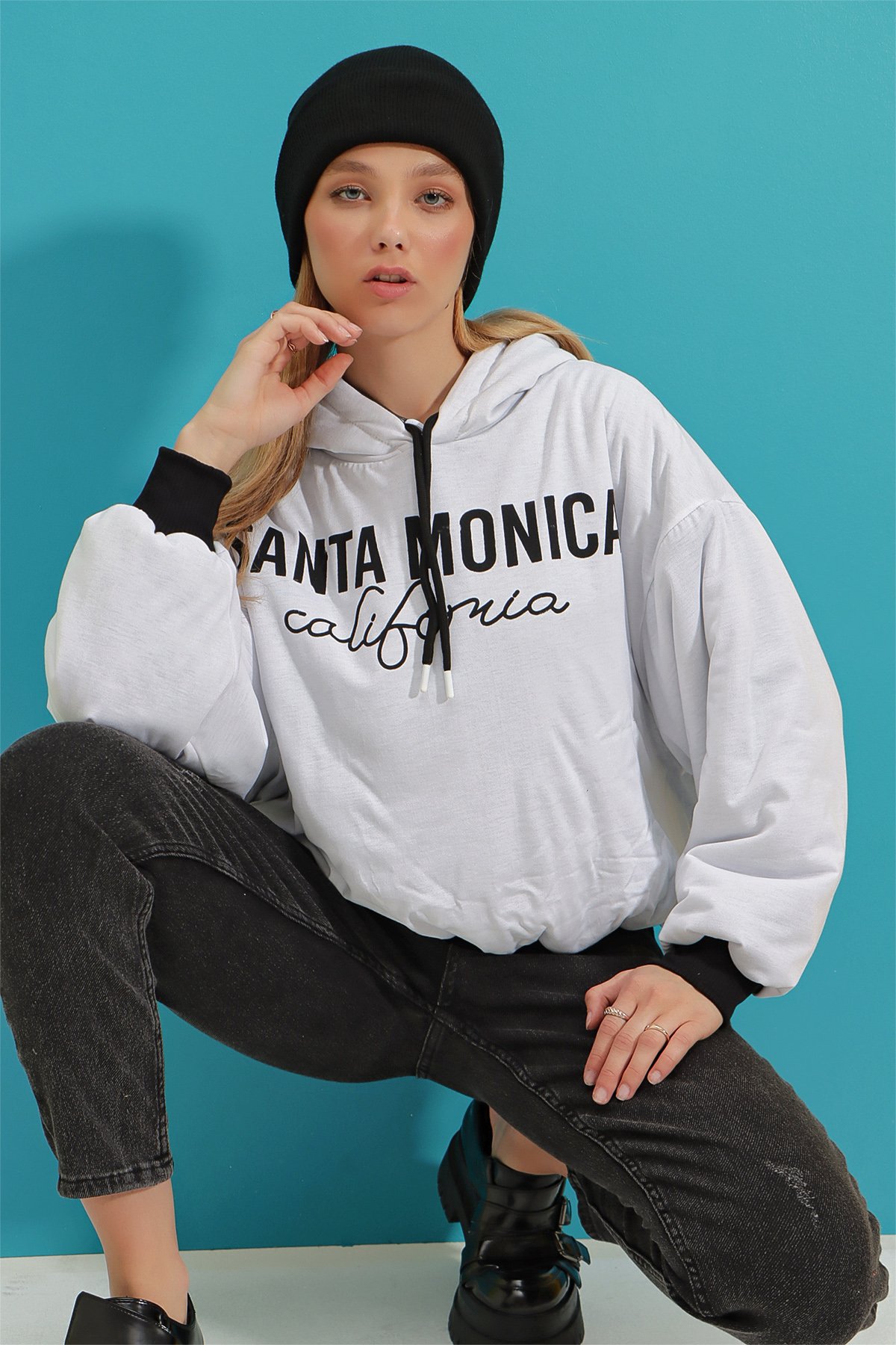 Kapüşonlu Metalik İplikli Çift Taraflı Baskılı Oversize Kışlık Sweatshirt - Gri