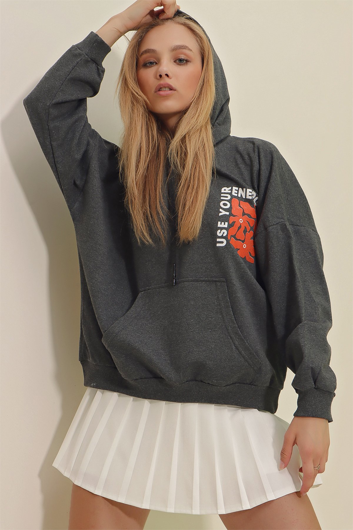 Kapüşonlu Ön Ve Arka Energy Baskılı Sweatshirt - Antrasit
