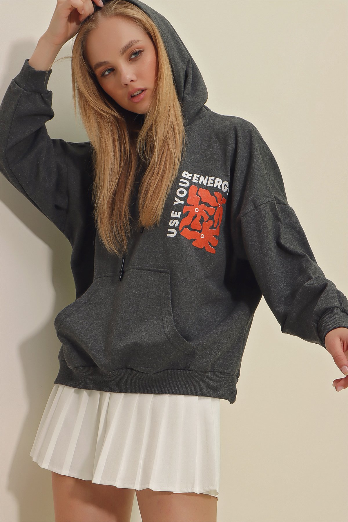 Kapüşonlu Ön Ve Arka Energy Baskılı Sweatshirt - Antrasit
