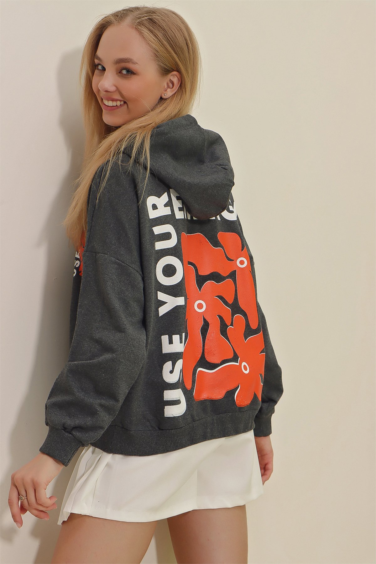 Kapüşonlu Ön Ve Arka Energy Baskılı Sweatshirt - Antrasit