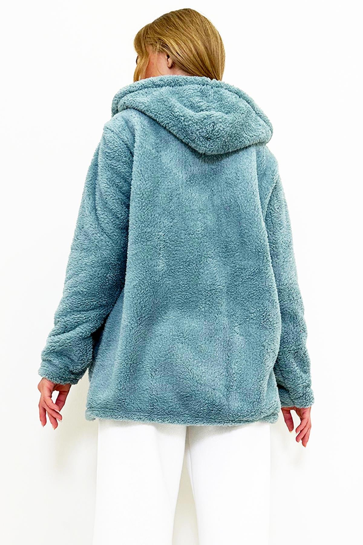 Kapüşonlu Önü Fermuarlı Çift Cepli Oversize Peluş Sweatshirt - Mint
