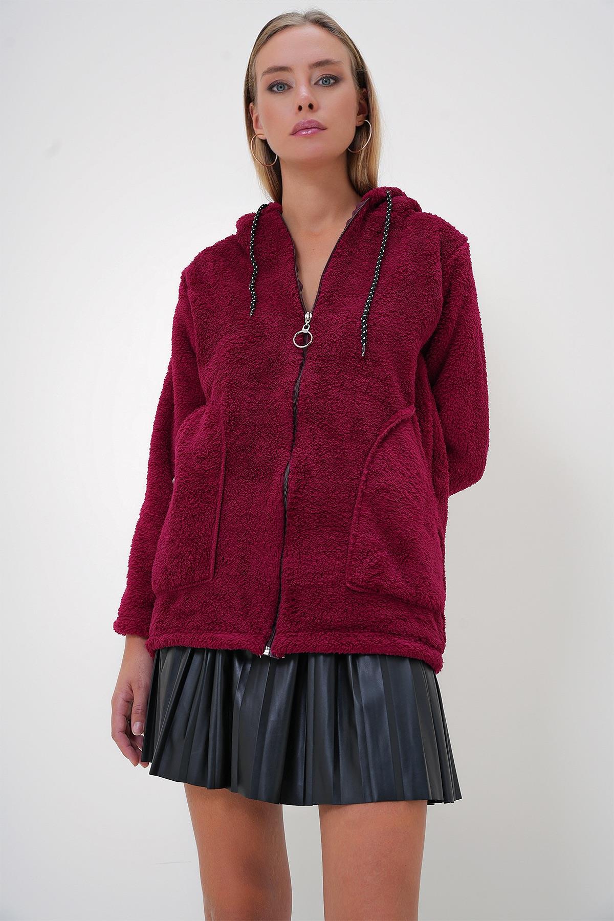 Kapüşonlu Önü Fermuarlı Çift Cepli Oversize Peluş Sweatshirt - Bordo