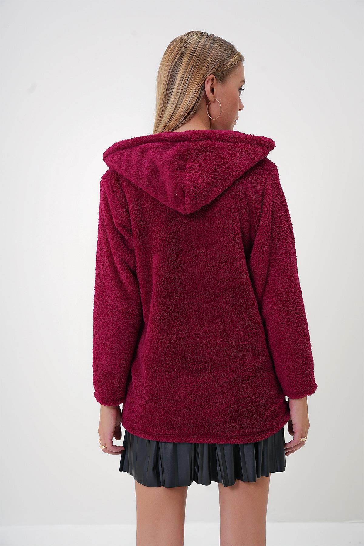 Kapüşonlu Önü Fermuarlı Çift Cepli Oversize Peluş Sweatshirt - Bordo