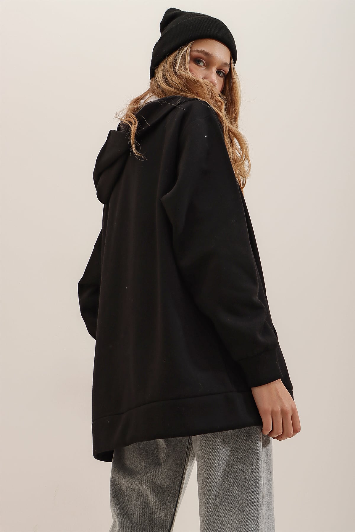 Kapüşonlu Önü Fermuarlı Kanguru Cepli İçi Polarlı Oversize Sweatshirt - Siyah