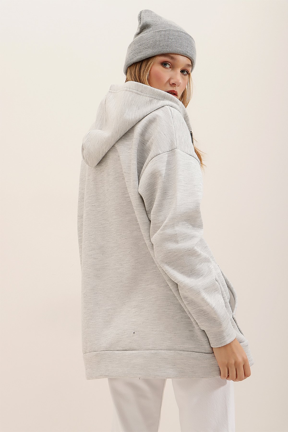 Kapüşonlu Önü Fermuarlı Kanguru Cepli İçi Polarlı Oversize Sweatshirt - Grimelanj
