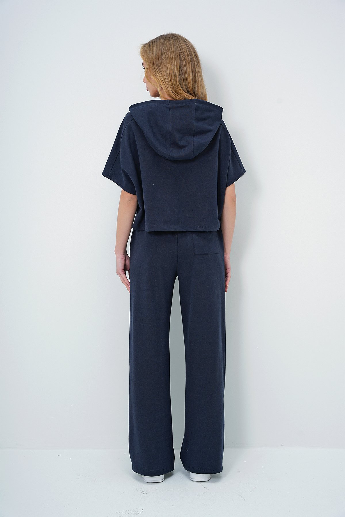 Kapüşonlu Oversize Crop Ve Çift Cepli Pantolon Takım - LACİVERT