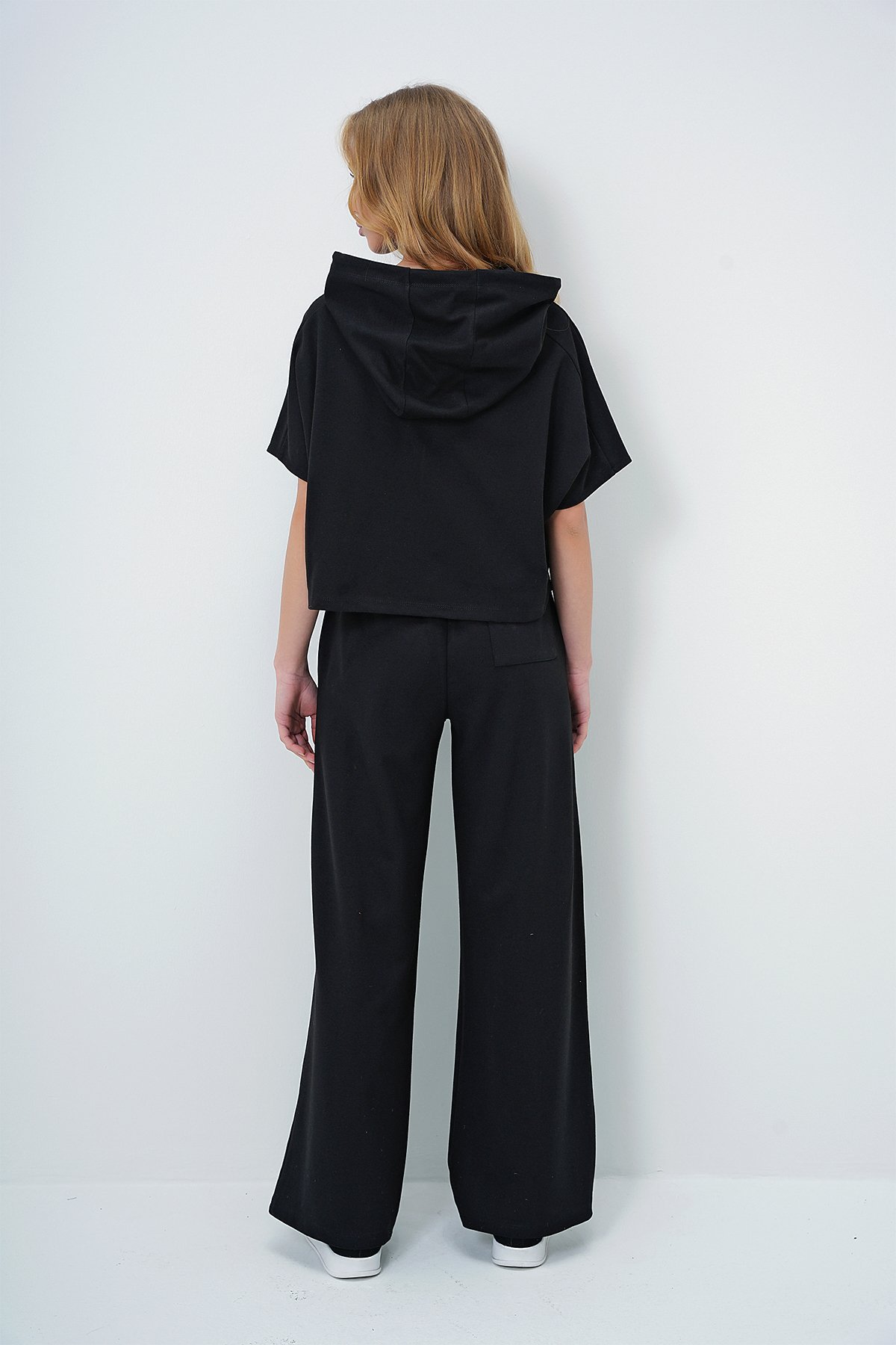 Kapüşonlu Oversize Crop Ve Çift Cepli Pantolon Takım - SİYAH