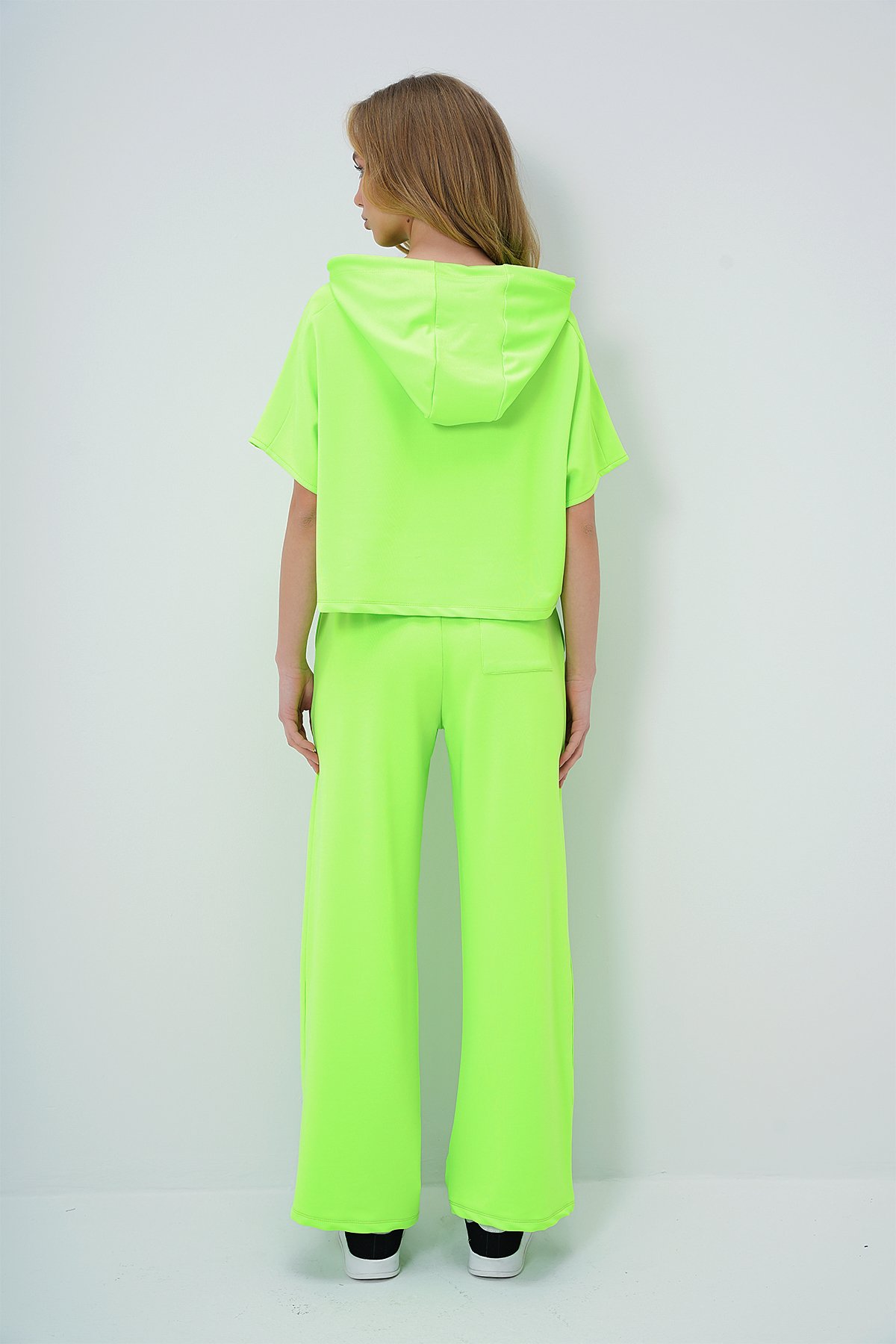 Kapüşonlu Oversize Crop Ve Çift Cepli Pantolon Takım - Neon Yeşil