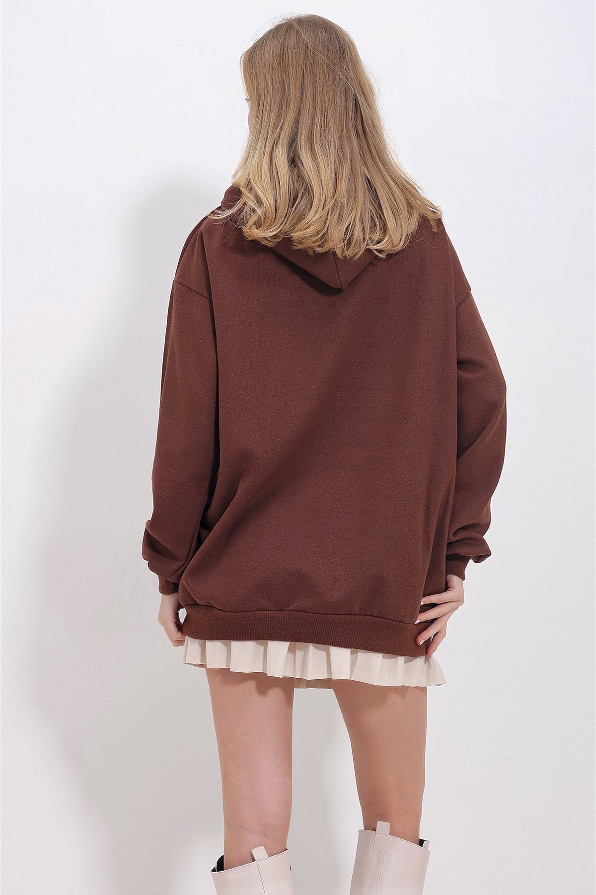 Kapüşonlu Oversize İçi Şardonlu Sweatshirt - Kahve