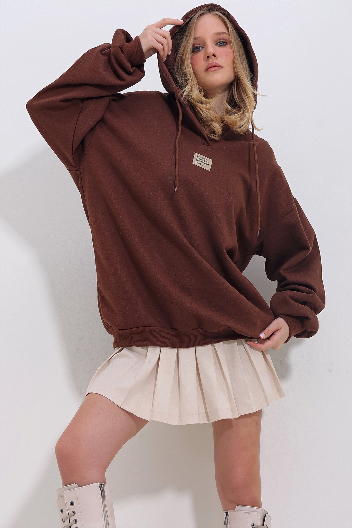 Kapüşonlu Oversize İçi Şardonlu Sweatshirt - Kahve