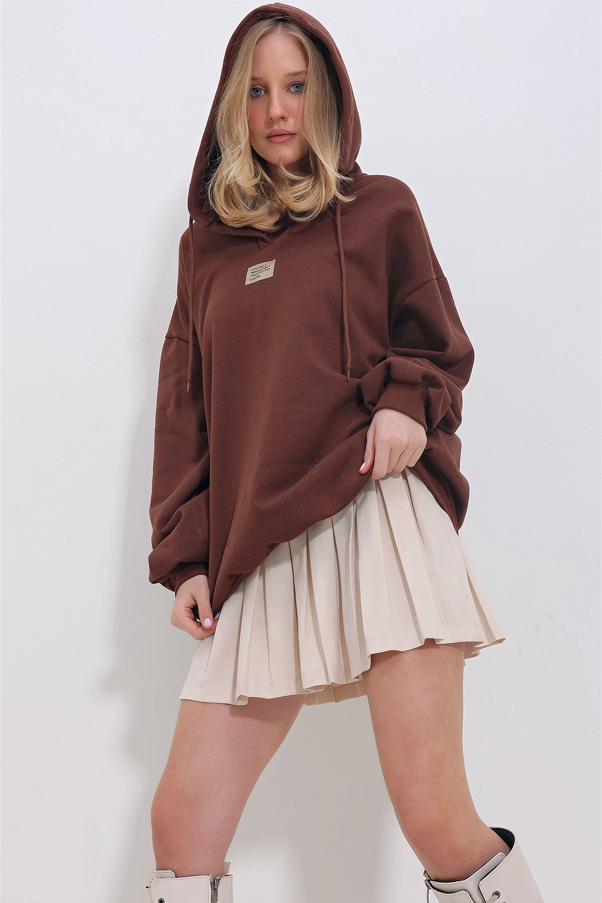Kapüşonlu Oversize İçi Şardonlu Sweatshirt - Kahve