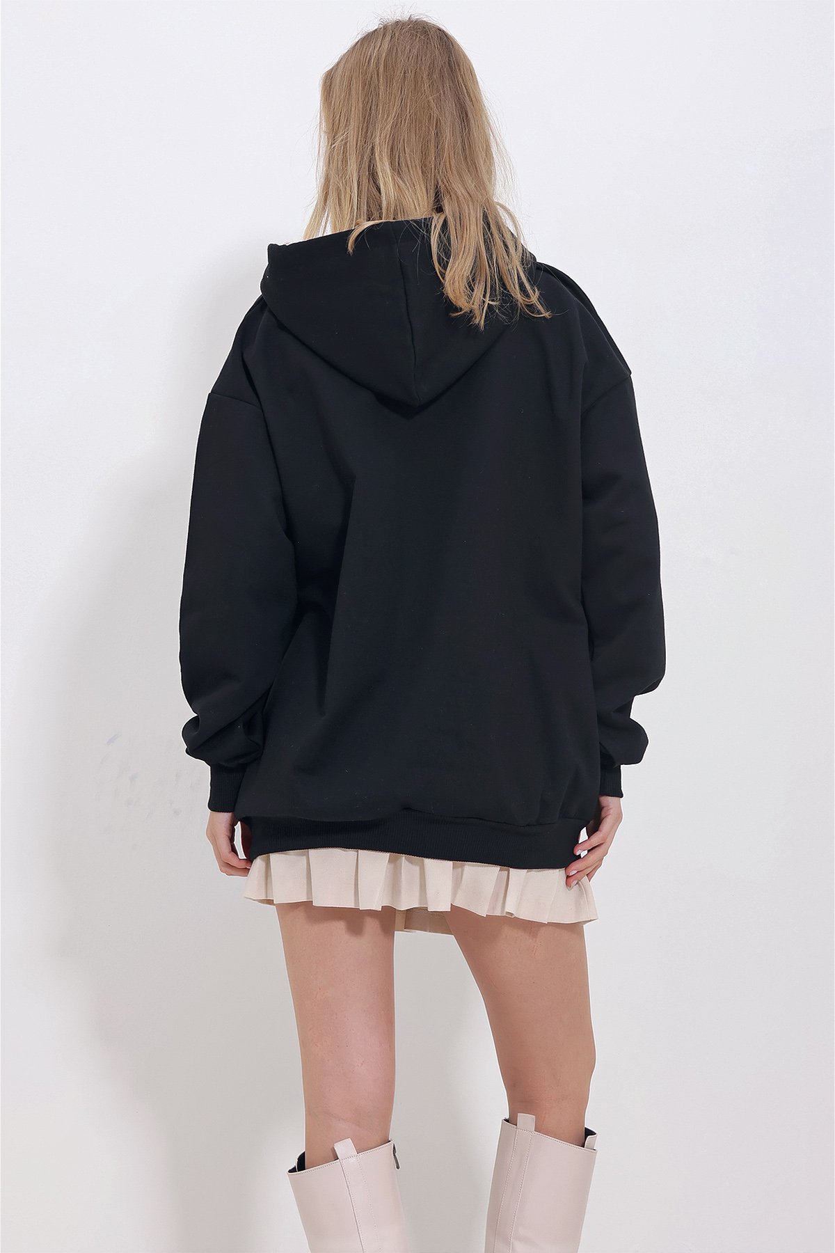 Kapüşonlu Oversize İçi Şardonlu Sweatshirt - Siyah