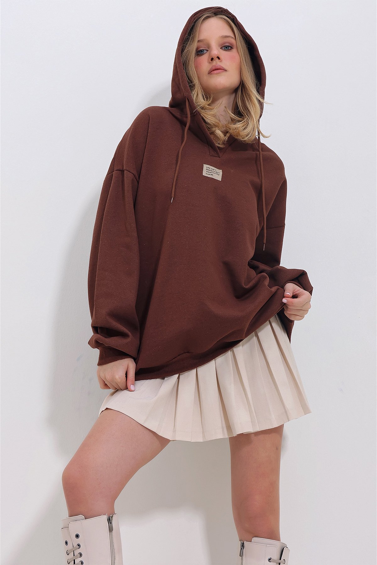 Kapüşonlu Oversize İçi Şardonlu Sweatshirt - Kahve