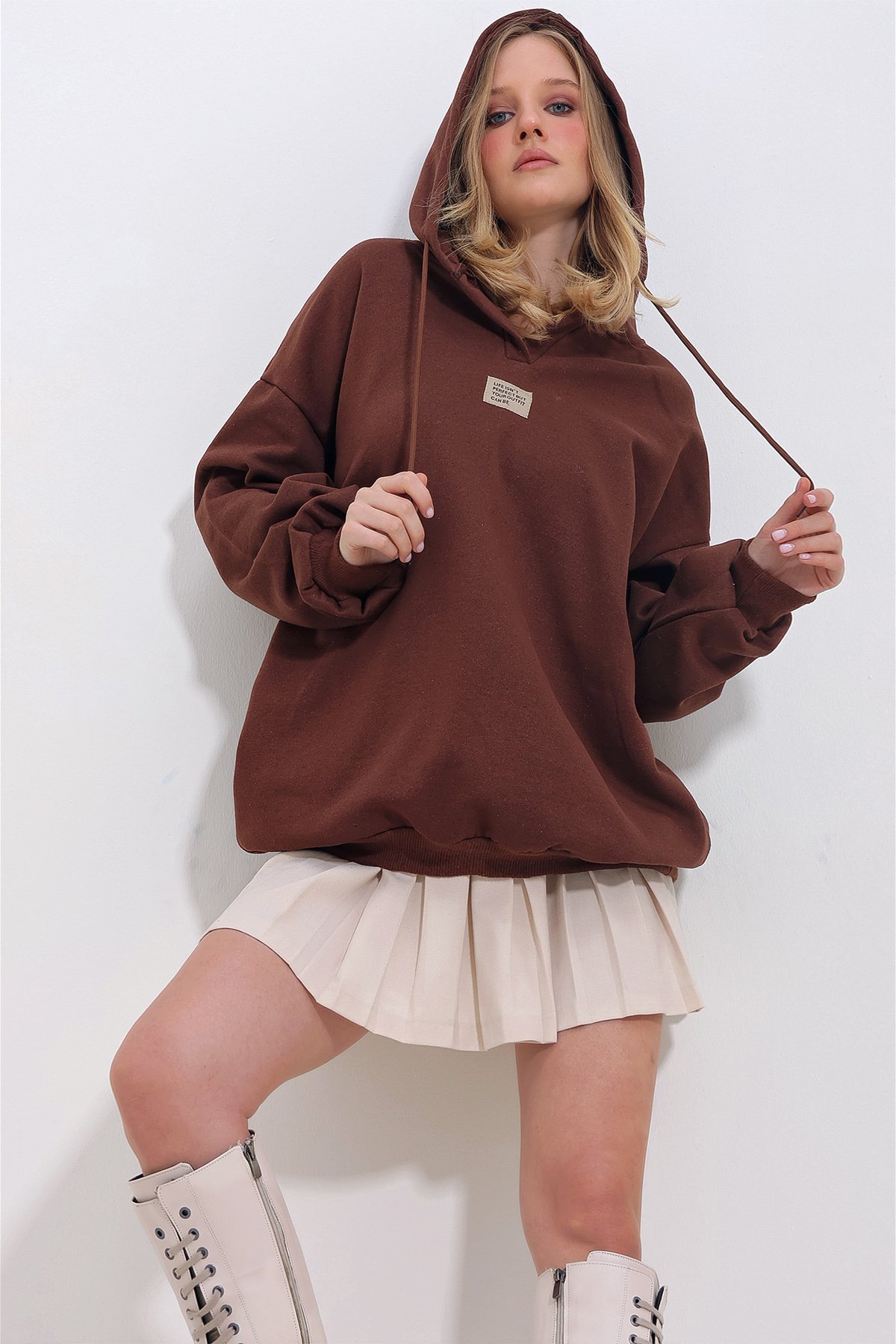 Kapüşonlu Oversize İçi Şardonlu Sweatshirt - Kahve