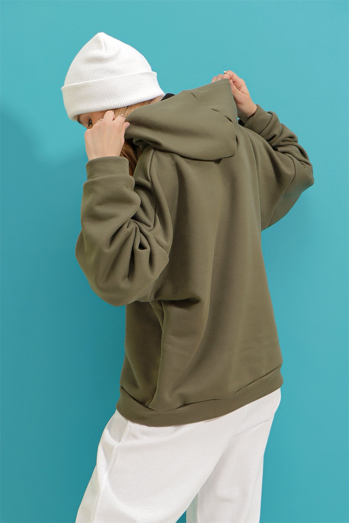 Kapüşonlu Oversize Kalın Basen Boy 3 İplik Şardonlu Sweatshirt - Haki