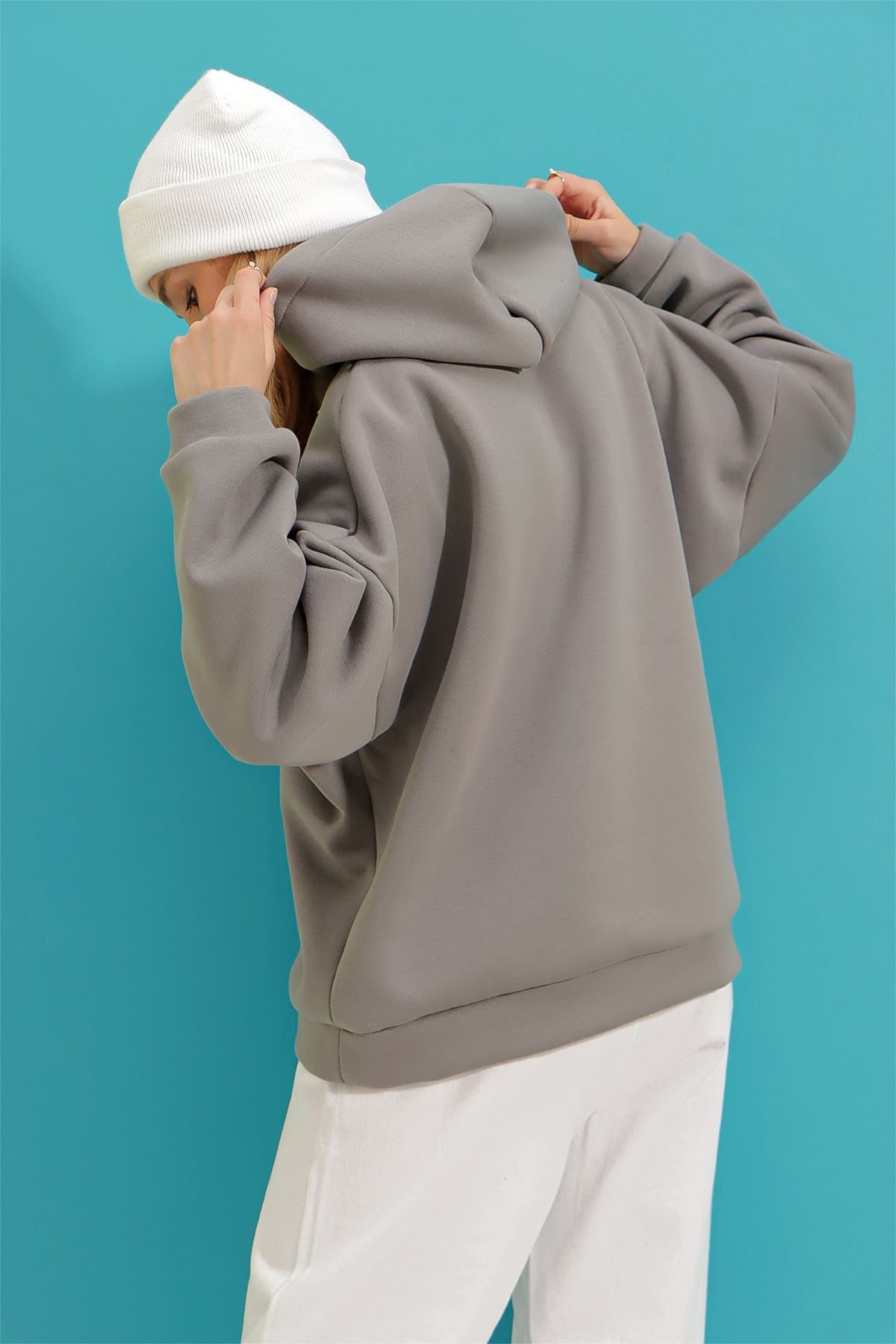 Kapüşonlu Oversize Kalın Basen Boy 3 İplik Şardonlu Sweatshirt - Gri