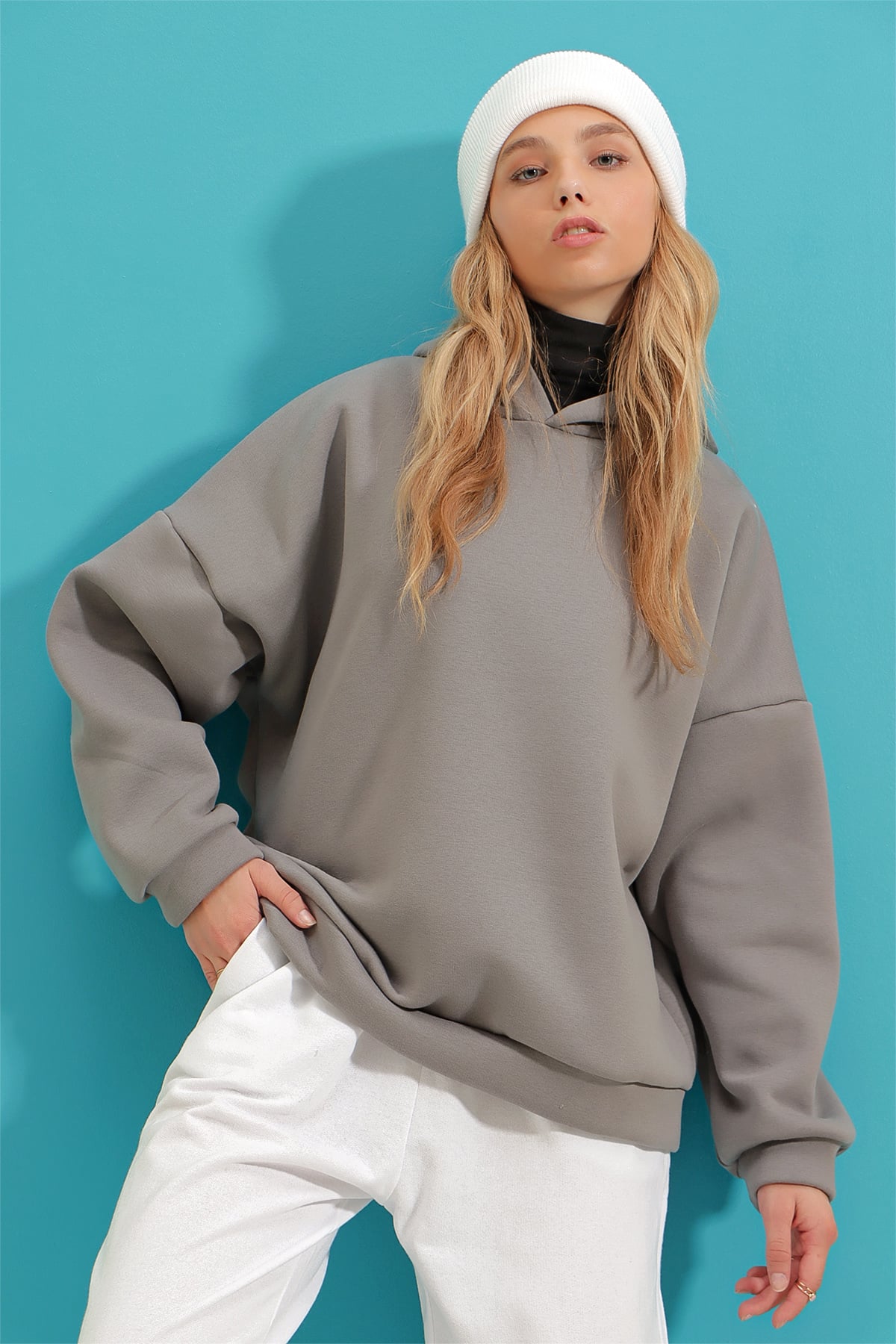 Kapüşonlu Oversize Kalın Basen Boy 3 İplik Şardonlu Sweatshirt - Gri