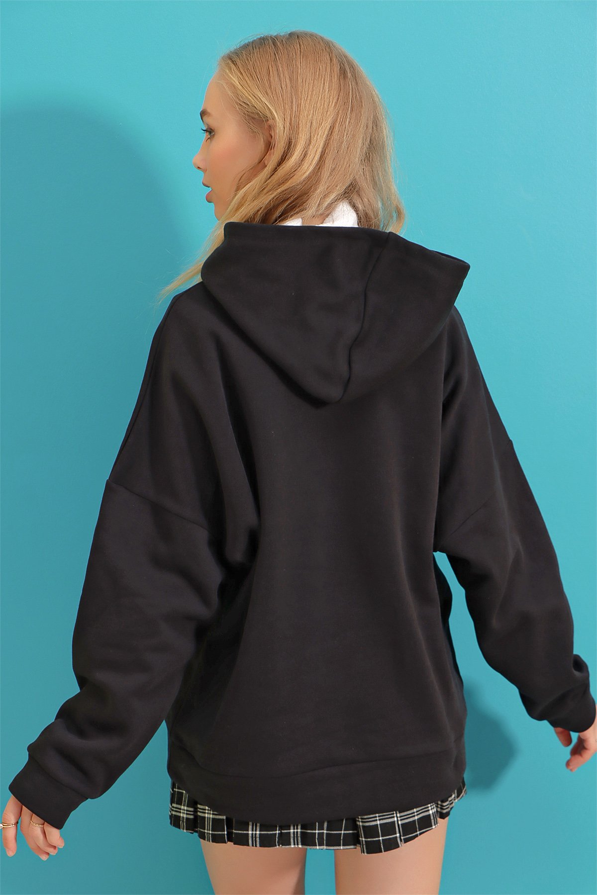 Kapüşonlu Oversize Kalın Basen Boy 3 İplik Şardonlu Sweatshirt - Siyah