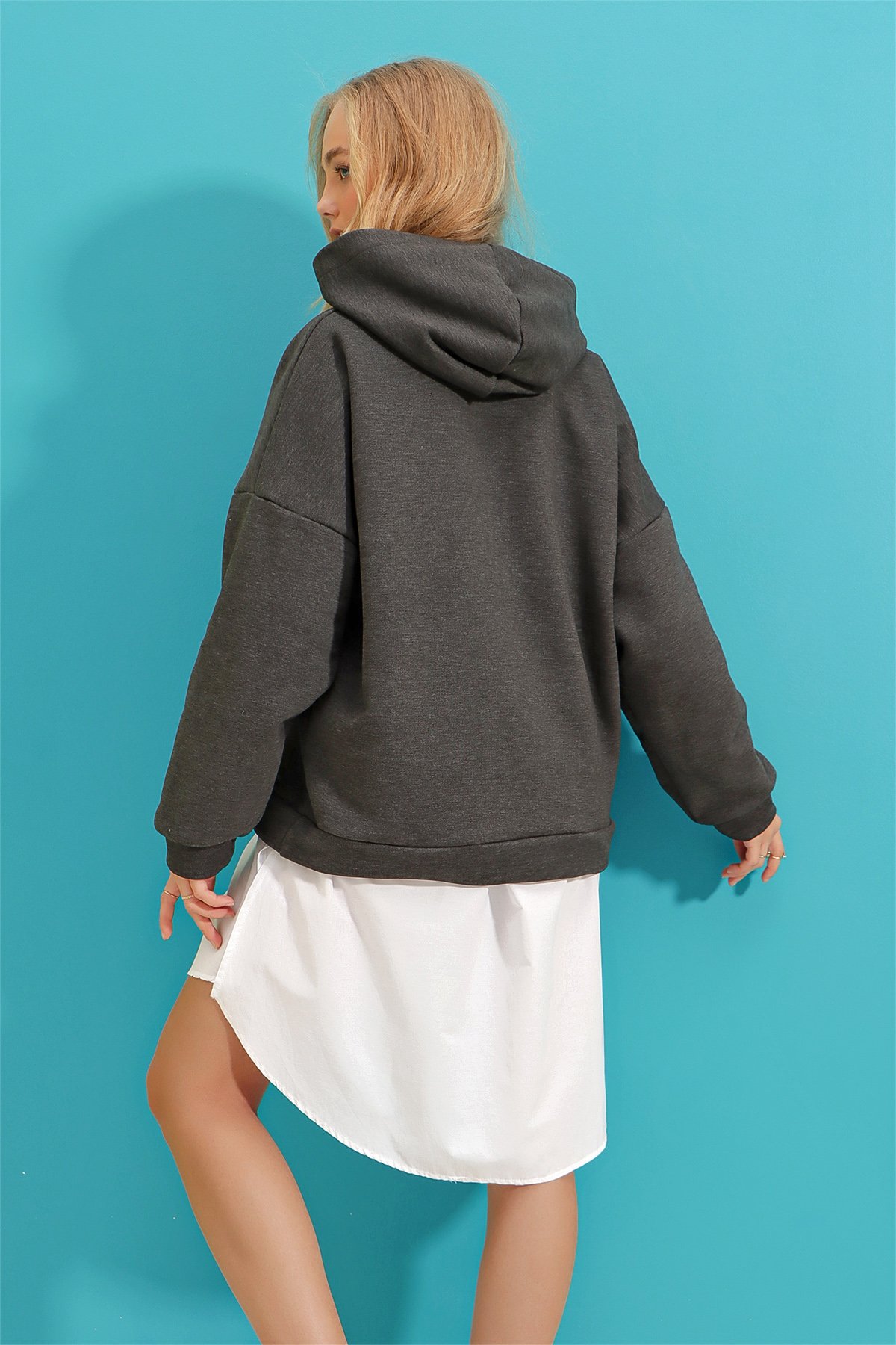 Kapüşonlu Oversize Kalın Basen Boy 3 İplik Şardonlu Sweatshirt - Antrasit